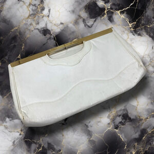 Vintage 1960's White Leather Gold Hinge Envelope Clutch Purse Bag